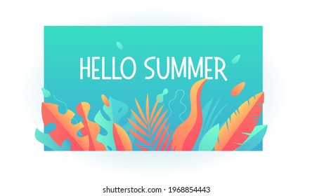 Summer holidays poster. Horizontal banner with tropical palm leaf decoration. Colored flat vector illustration template of summer sale, social media promotional content. Enjoying summer time