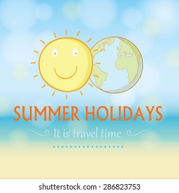 summer holidays. Poster on tropical beach background. 