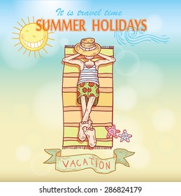summer holidays. Poster on tropical beach background. 