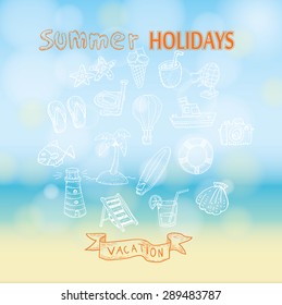 summer holidays. Poster on tropical beach background. 