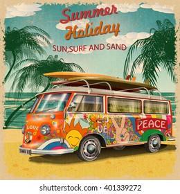 Summer holidays poster with retro bus