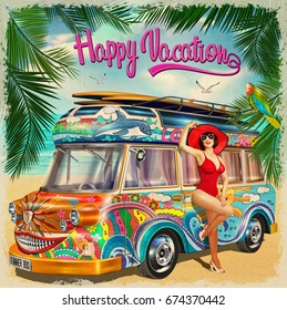 Afiche de las vacaciones de verano con el autobús retro y la chica de los pines.