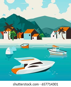 Summer Holidays poster. Vector summer landscape with ocean, tropical island, sailing yacht, clouds and sandy coast. Tropical resort illustration, tourist design template.
