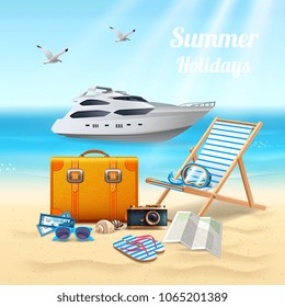 Summer holidays realistic beautiful composition with expensive boat sunbed and stuff for the beach vector illustration