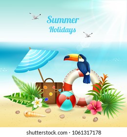 Summer holidays realistic colored concept with tourist stuff on the beach in sand vector illustration