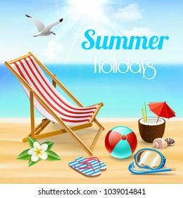 Summer holidays realistic composition with sunbed on the beach and different sea attributes vector illustration