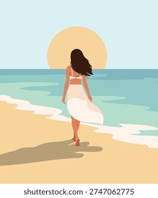 Summer holidays. Rear view. Walk along the beach. Woman or a girl on vacation in a white tunic, swimsuit, walk beach. Sea, sky, shore. Vector summer design for travel, tourism, recreation, wellness