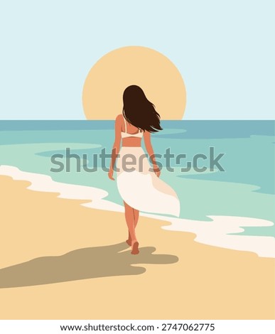 Summer holidays. Rear view. Walk along the beach. Woman or a girl on vacation in a white tunic, swimsuit, walk beach. Sea, sky, shore. Vector summer design for travel, tourism, recreation, wellness