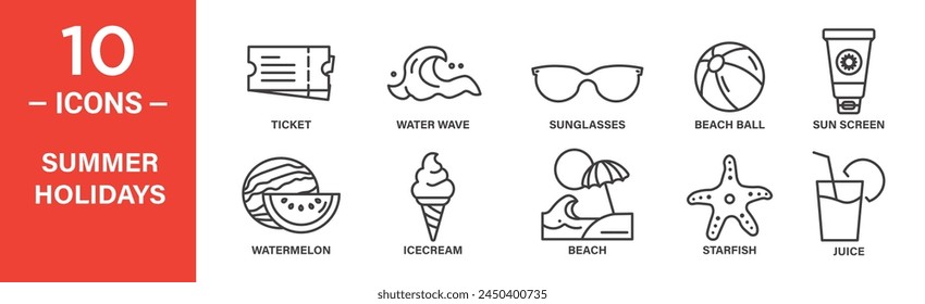 summer holidays related vector icon set includs ticket, water wave, sunglasses, beach ball, sun screen, icecream, beach, and more icons