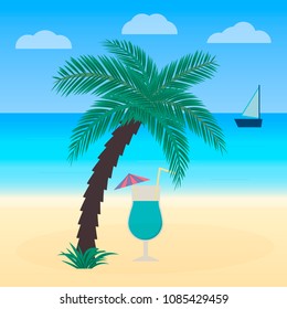 Summer holidays. Relax on the tropical beach. A glass of cocktail under a palm tree. Vacation vector illustration. Easy to edit design template for your artworks, websites, social media etc.