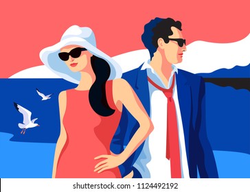 Horario vacacional de verano. Pareja enamorada de pie sobre el fondo del mar. Ilustración vectorial plana