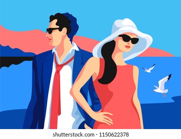 Summer holidays resort time. Couple in love standing on the beach. Sea background with gulls. Vector illustration