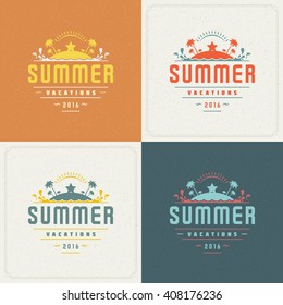 Summer Holidays Retro Typography Labels or Badges Design and Vector Backgrounds for Party Posters Flyers and Greeting Cards. Textured Backdrop.