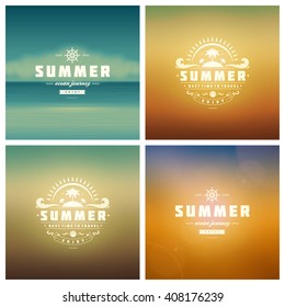 Summer Holidays Retro Typography Labels or Badges Design and Vector Backgrounds. Blurred Skyline, Beach and Sun Light Backdrops.