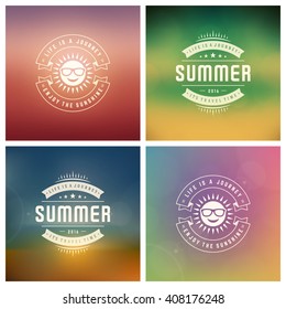 Summer Holidays Retro Typography Labels or Badges Design and Vector Backgrounds. Blurred Skyline, Beach and Sun Light Backdrops.
