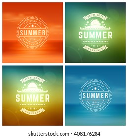 Summer Holidays Retro Typography Labels or Badges Design and Vector Backgrounds. Blurred Skyline, Beach and Sun Light Backdrops.