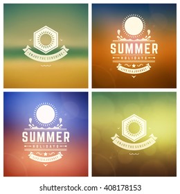 Summer Holidays Retro Typography Labels or Badges Design and Vector Backgrounds. Blurred Skyline, Beach and Sun Light Backdrops.