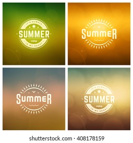 Summer Holidays Retro Typography Labels or Badges Design and Vector Backgrounds. Blurred Skyline, Beach and Sun Light Backdrops.
