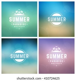 Summer Holidays Retro Typography Labels or Badges Design and Vector Backgrounds. Blurred Skyline, Beach and Sun Light Backdrops.
