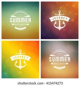 Summer Holidays Retro Typography Labels or Badges Design and Vector Backgrounds. Blurred Skyline, Beach and Sun Light Backdrops.