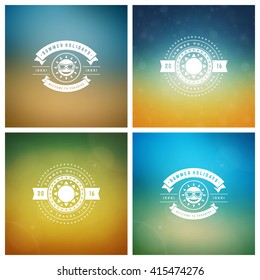 Summer Holidays Retro Typography Labels or Badges Design and Vector Backgrounds. Blurred Skyline, Beach and Sun Light Backdrops.