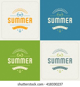 Summer Holidays Retro Typography Labels or Badges Design and Vector Backgrounds for Party Posters Flyers and Greeting Cards. Textured Backdrop.