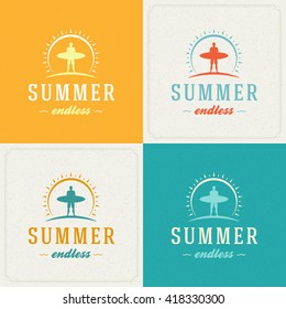 Summer Holidays Retro Typography Labels or Badges Design and Vector Backgrounds for Party Posters Flyers and Greeting Cards. Textured Backdrop.