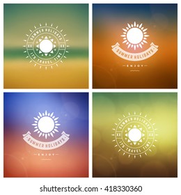 Summer Holidays Retro Typography Labels or Badges Design and Vector Backgrounds. Blurred Skyline, Beach and Sun Light Backdrops.
