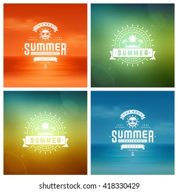Summer Holidays Retro Typography Labels or Badges Design and Vector Backgrounds. Blurred Skyline, Beach and Sun Light Backdrops.