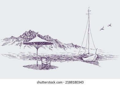 Summer holidays scene. Sun umbrella and a chair on the beach, sailing boat on shore