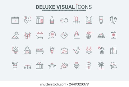 Summer holidays, sea beach vacation, tourism and travel destination line icons set. Diving and swimsuit, hotel and restaurant, swimming pool thin black and red outline symbols, vector illustration