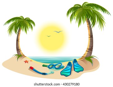 Summer holidays at sea. Palm trees, sun, flippers and mask for diving. Cartoon illustration in vector format