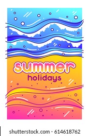 Summer holidays. Sea surf on sandy beach. Stylized illustration of coastline.