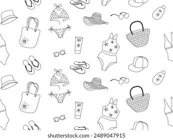 Summer holidays seamless pattern. Doodle sketch drawn Bikini, hat, sunglasses, flip flop, sunscreen. Vacation, tourism, travel background. Cute sea illustration for packaging, cover, fabric print