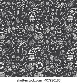 Summer holidays seamless pattern. Vector illustration for web, print, textile and advertisment. Hand-drawn summer doodle pattern on black background.