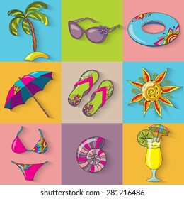 Summer holidays seaside beach icons set. Isolated vector illustrations.