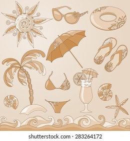 Summer holidays seaside beach icons set. isolated vector illustrations in vintage style.