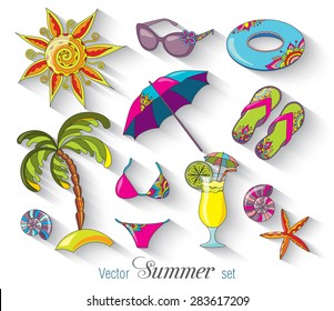 Summer holidays seaside beach icons set. Isolated vector illustrations.