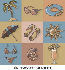 Summer holidays seaside beach icons set. isolated vector illustrations in vintage style