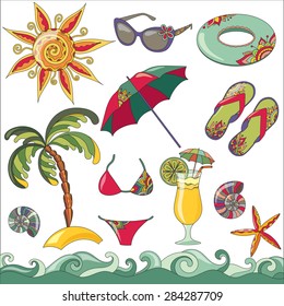 Summer holidays seaside beach icons set. isolated vector illustrations