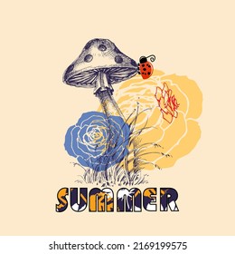 Summer holidays seasonal card. A ladybug climbing a mushroom over floral background
