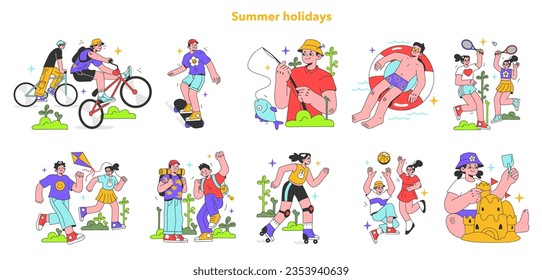 Summer holidays set. Active outside leisure on a summer break. Boys and girls enjoying being outside in the city park or nature. Children or teens having fun together. Flat vector illustration