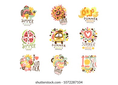 Summer holidays set for label design. Journey, adventure, beach, sea colorful vector Illustrations