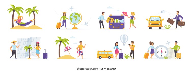 Las vacaciones de verano se establecen con personajes de la gente en varias situaciones. Turistas viajando con equipaje, pareja familiar de viajes, preparación y elección del tour. Conjunto de vacaciones tropicales en estilo plano.
