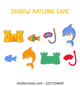 Summer holidays shadows matching game for kids colorful vector quiz
