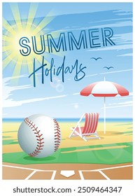 Summer Holidays. Summer Sports card. Baseball ball with deckchair and beach umbrella on the beach background. Vector illustration.