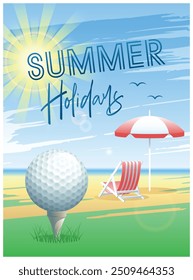 Summer Holidays. Sports card. Golf ball with deck chair and beach umbrella on the beach background. Vector illustration.