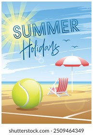 Summer Holidays. Sports card. Tennis ball with deckchair and beach umbrella on the beach background. Vector illustration.