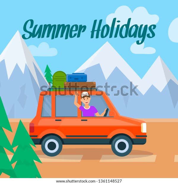 Summer Holidays Square Banner Banner. Happy\
Young Man Traveling by Red Car with Luggage on Roof at Colorful\
Nature Background with Mountains Landscape and Pine Trees. Cartoon\
Flat Vector\
Illustration.