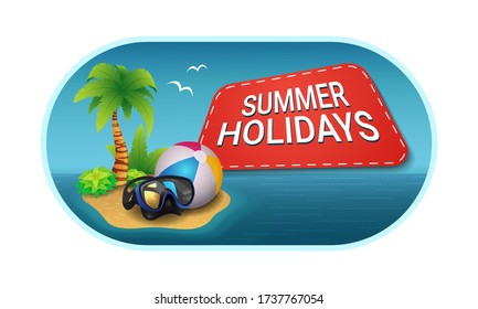 Summer holidays. Sticker with an image of an island in the ocean on which: palm tree, ball, diving glasses.